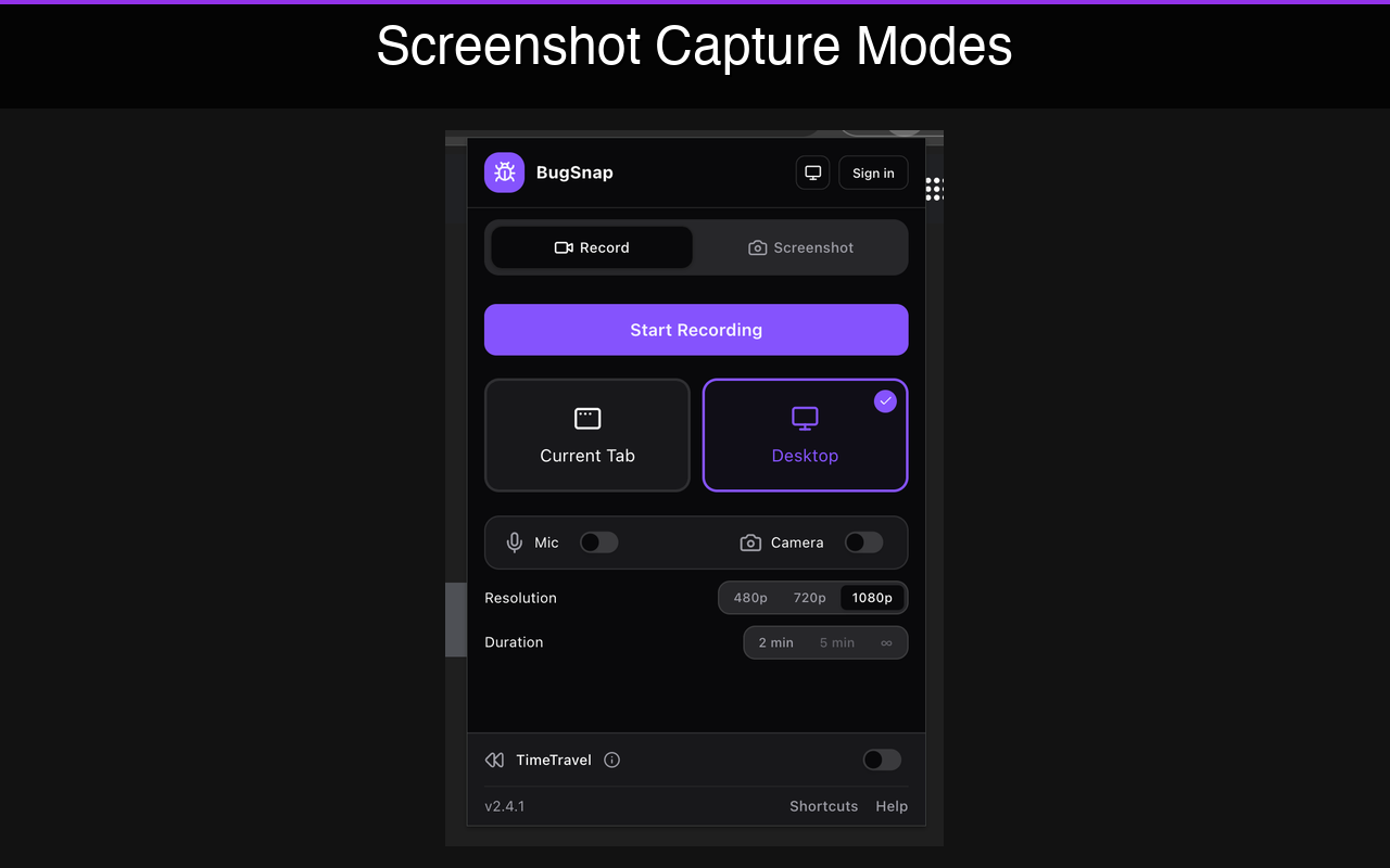 BugSnap browser extension showing recording options